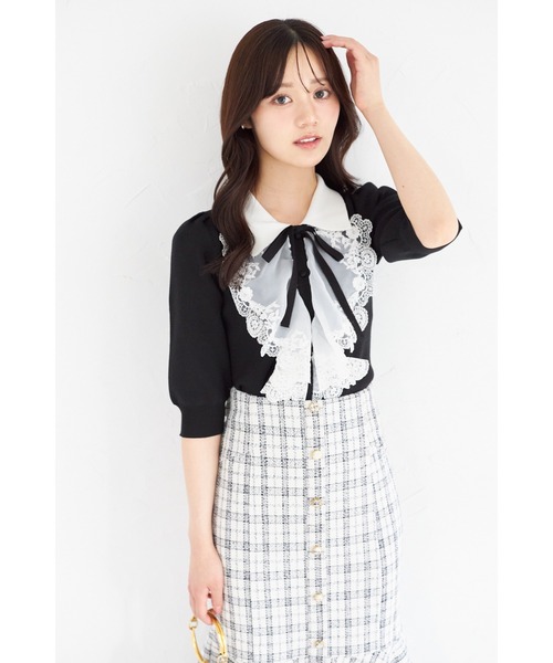 tocco closet(トッコ クローゼット)の「襟&リボン付きレースフリル装飾ニットプルオーバー(ニット/セーター・レディース・ブラック/ピンク/オフホワイト・M)」の14枚目の写真