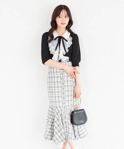 tocco closet(トッコ クローゼット)の「襟&リボン付きレースフリル装飾ニットプルオーバー(ニット/セーター・レディース・ブラック/ピンク/オフホワイト・M)」の13枚目の写真
