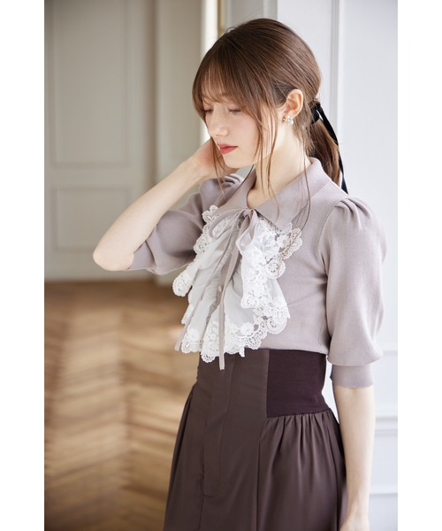 tocco closet(トッコ クローゼット)の「襟&リボン付きレースフリル装飾ニットプルオーバー(ニット/セーター・レディース・ブラック/ピンク/オフホワイト・M)」の21枚目の写真