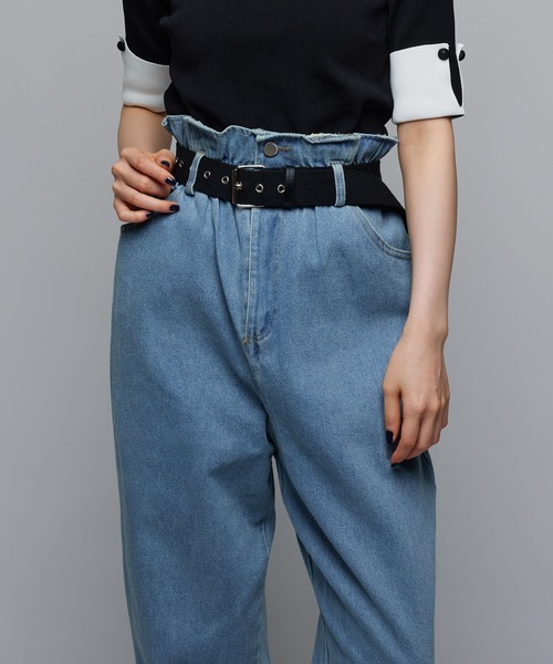 セール】【ベルトセット】ハイウエストベルトデニムパンツ/テーパード