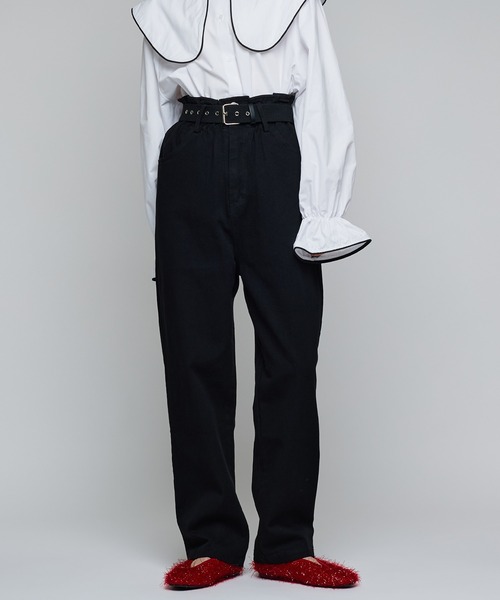 セール】【ベルトセット】ハイウエストベルトデニムパンツ/テーパード