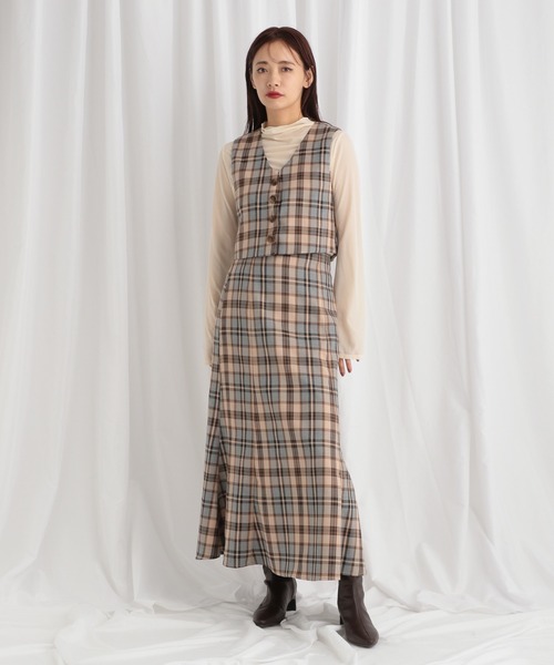 mysty woman（ミスティウーマン）の「【WEB限定】チェックベスト&スカートセットアップ　602253（ワンピース・レディース・ネイビー/ベージュ・FREE）」の5枚目の写真
