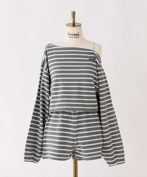 Seemi. byNICECLAUP（ シーミーバイナイスクラップ）の「【Seemi.】ワンショル肩ビジュ―トップス（Tシャツ/カットソー・レディース・グレー×ホワイト/ホワイト×ブルー/ホワイト×ブラック・FREE）」の14枚目の写真