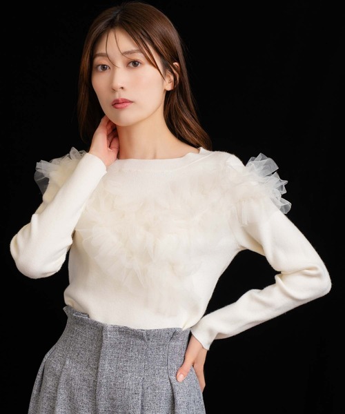 NOELA（ノエラ）の「チュールフリルドッキングニット（ニット/セーター・レディース・ブラウン/ブラック/オフホワイト・フリー）」の2枚目の写真