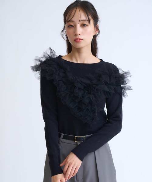 NOELA（ノエラ）の「チュールフリルドッキングニット（ニット/セーター・レディース・ブラウン/ブラック/オフホワイト・フリー）」の3枚目の写真