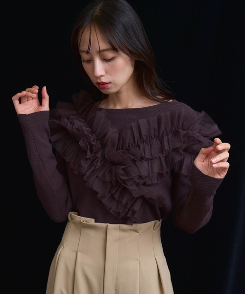 NOELA（ノエラ）の「チュールフリルドッキングニット（ニット/セーター・レディース・ブラウン/ブラック/オフホワイト・フリー）」の4枚目の写真