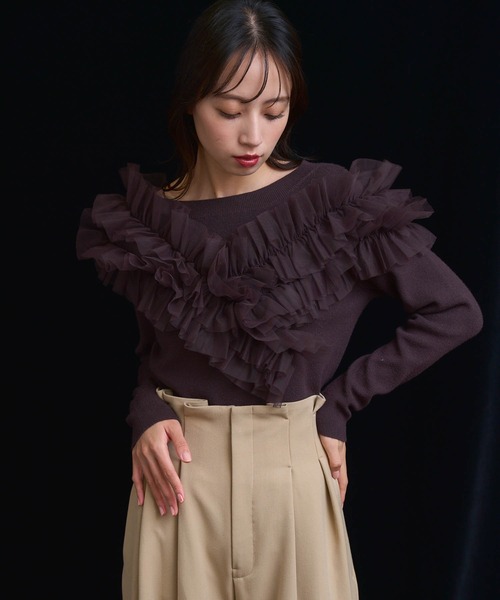 NOELA（ノエラ）の「チュールフリルドッキングニット（ニット/セーター・レディース・ブラウン/ブラック/オフホワイト・フリー）」の9枚目の写真