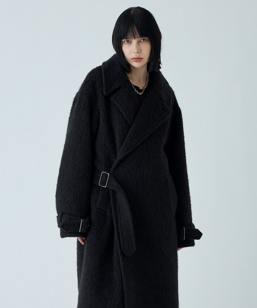 くるみんチャコールグレー36 VELNUS】Long shaggy loose tyrocken coat/ロングシャギールーズタイ
