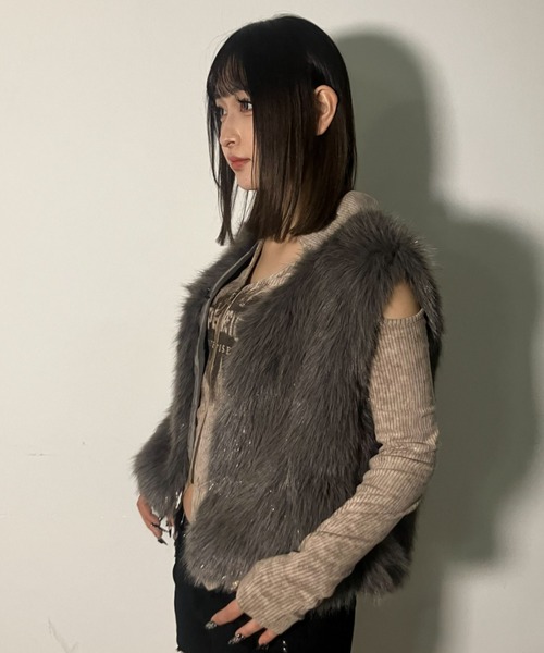 90s Vintage フェイクファー リバーシブルベスト Y2K アーカイブ 90s Y2K リバーシブル フェイクファー ボア × PVC ウルフベスト