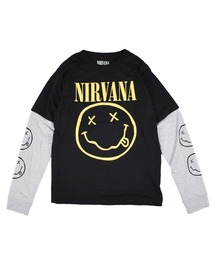 【ROCK-OFF】【AW】NIRVANA LAYERED YEL HAPPY FACE BLACK LONG SLEEVE TEE
