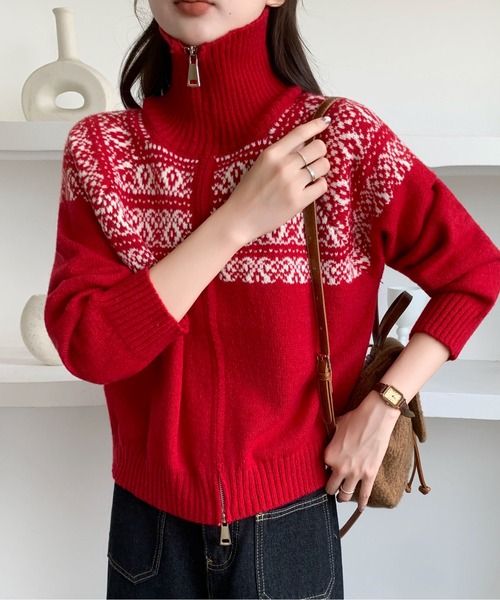 Maison Calme(メゾンカルム)の「ノルディック柄ダブルジップスタンドネックニットカーディガン 長袖(カーディガン/ボレロ・レディース・アイボリー/グレー/ネイビー/レッド・F)」の18枚目の写真