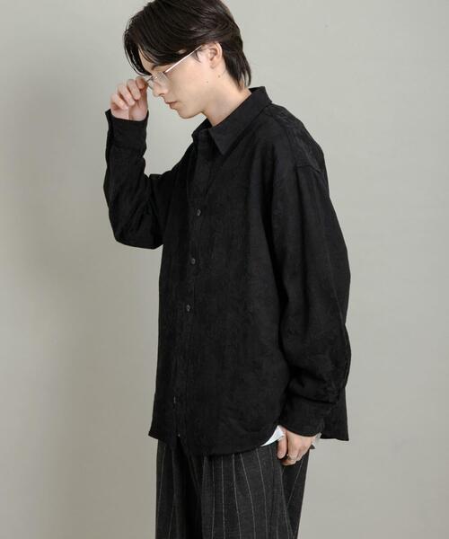 セブンフェアリー♡ジャガードブラックシャツ袖口リブ セール】ボタニカルジャガードロングスリーブシャツ（シャツ/ブラウス