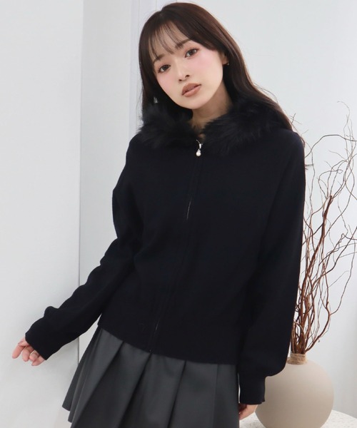 CECIL McBEE(セシルマクビー)の「ファートリミングxアンゴラライクZIPパーカー(ニット/セーター・レディース・ピンク/ブラック/オフホワイト・MEDIUM)」の4枚目の写真