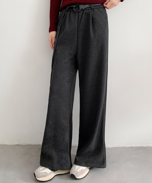 LOWO(ロワ)の「ベルト付き ワイドパンツ 冬 レディース 秋冬 ウエストゴム(その他パンツ・レディース・ブラウン/チャコールグレー/オフホワイト/ブラック・L/M)」の3枚目の写真