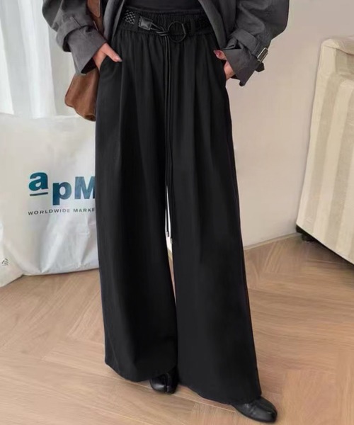 LOWO(ロワ)の「ベルト付き ワイドパンツ 冬 レディース 秋冬 ウエストゴム(その他パンツ・レディース・ブラウン/チャコールグレー/オフホワイト/ブラック・L/M)」の1枚目の写真
