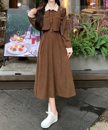 配色長袖ワンピース