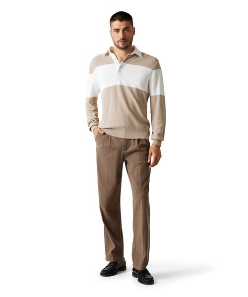 Guess（ゲス）の「KNOX Long Sleeves Diagonal Ribs Blocking Polo Sweater ニットトップス ポロシャツ（ポロシャツ・メンズ・ベージュ/ダークネイビー・LARGE/MEDIUM/X-LARGE/SMALL）」の4枚目の写真