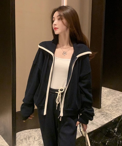 NoBelle（ノベル）の「上下セットアップ　配色ジャージフードトップス＆パンツ（ジャージ・レディース・ブラック/ホワイト・M/L）」の9枚目の写真