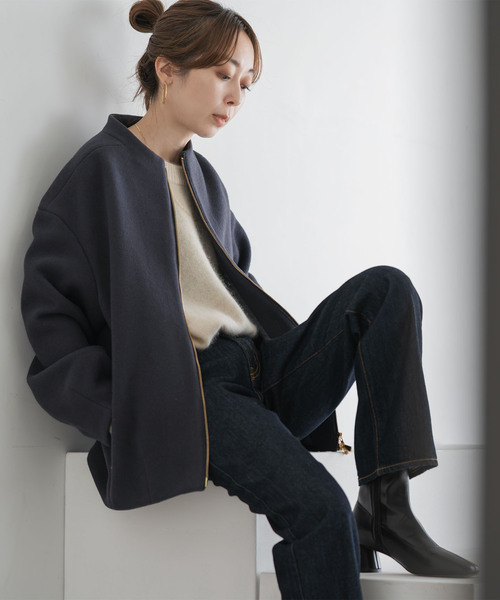 Noble(ノーブル)の「《追加》MTRレイズドネックジップコート(ノーカラーコート・レディース・アイボリー/チャコールグレー・36/38)」の11枚目の写真