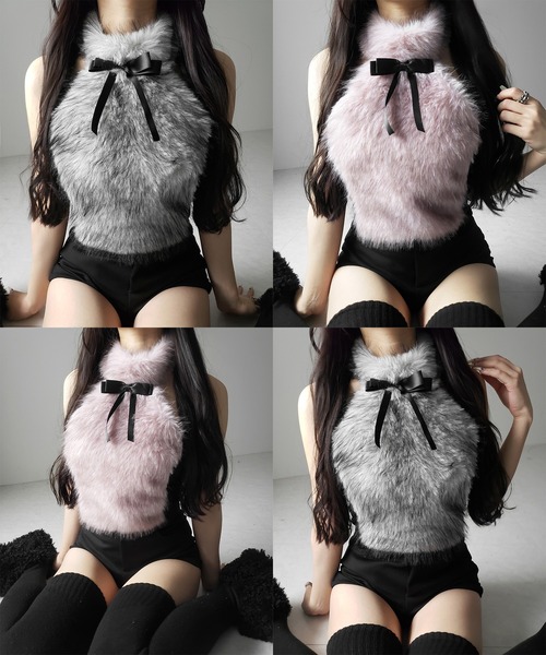 me+em select(ミームセレクト)の「【 リボン取り外し可能2way 】ホルターネックフェイクファーリボントップス / halter neck fake fur ribbon tops(その他トップス・レディース・グレー/ピンク・FREE)」の4枚目の写真
