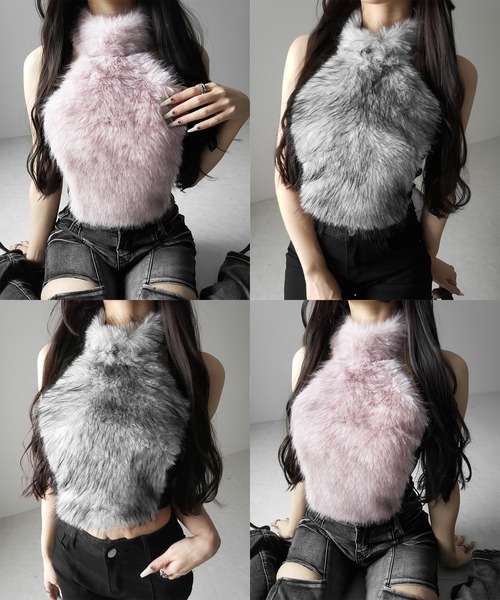 me+em select(ミームセレクト)の「【 リボン取り外し可能2way 】ホルターネックフェイクファーリボントップス / halter neck fake fur ribbon tops(その他トップス・レディース・グレー/ピンク・FREE)」の5枚目の写真