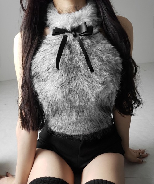 me+em select(ミームセレクト)の「【 リボン取り外し可能2way 】ホルターネックフェイクファーリボントップス / halter neck fake fur ribbon tops(その他トップス・レディース・グレー/ピンク・FREE)」の10枚目の写真