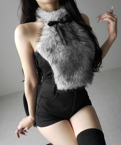 me+em select(ミームセレクト)の「【 リボン取り外し可能2way 】ホルターネックフェイクファーリボントップス / halter neck fake fur ribbon tops(その他トップス・レディース・グレー/ピンク・FREE)」の12枚目の写真