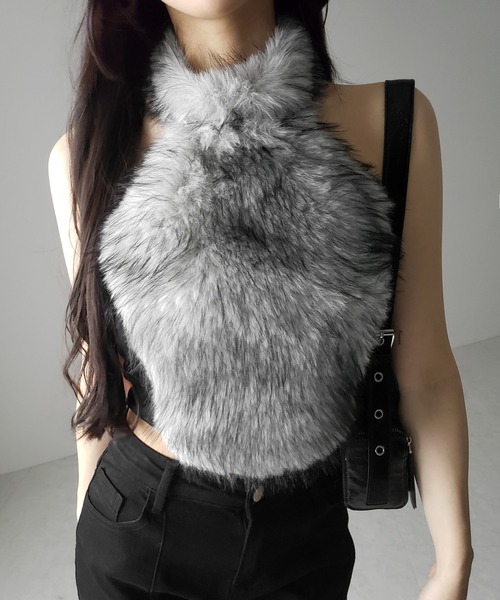 me+em select(ミームセレクト)の「【 リボン取り外し可能2way 】ホルターネックフェイクファーリボントップス / halter neck fake fur ribbon tops(その他トップス・レディース・グレー/ピンク・FREE)」の19枚目の写真