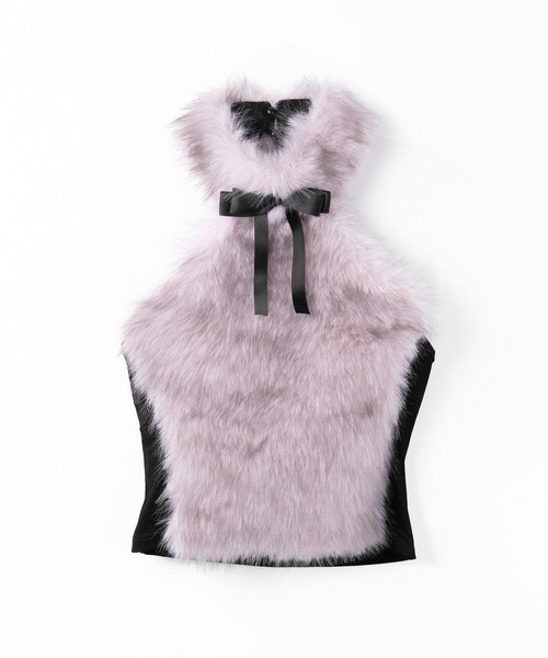 me+em select(ミームセレクト)の「【 リボン取り外し可能2way 】ホルターネックフェイクファーリボントップス / halter neck fake fur ribbon tops(その他トップス・レディース・グレー/ピンク・FREE)」の3枚目の写真