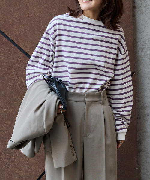 OUTDOOR PRODUCTS（アウトドアプロダクツ）の「コットンボーダークルーネックワイドTEE（Tシャツ/カットソー・レディース・ピンク/ブラウン/パープル・FREE）」の3枚目の写真