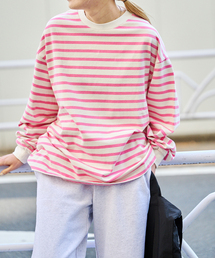 コットンボーダークルーネックワイドTEE