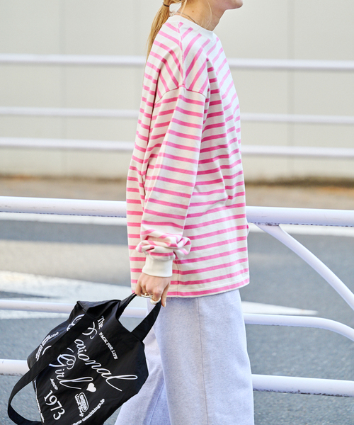 OUTDOOR PRODUCTS（アウトドアプロダクツ）の「コットンボーダークルーネックワイドTEE（Tシャツ/カットソー・レディース・ピンク/ブラウン/パープル・FREE）」の5枚目の写真