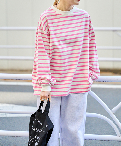 OUTDOOR PRODUCTS（アウトドアプロダクツ）の「コットンボーダークルーネックワイドTEE（Tシャツ/カットソー・レディース・ピンク/ブラウン/パープル・FREE）」の6枚目の写真