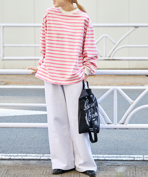 OUTDOOR PRODUCTS（アウトドアプロダクツ）の「コットンボーダークルーネックワイドTEE（Tシャツ/カットソー・レディース・ピンク/ブラウン/パープル・FREE）」の7枚目の写真