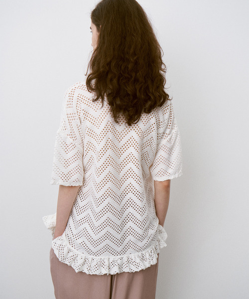 UNFIL(アンフィル)の「UNFIL アンフィル / pattern mesh cotton jersey ruffled Tee パターンメッシュコットンジャージーラッフルTシャツ / WXSP-UW129(Tシャツ/カットソー・レディース・オフホワイト/ブラック・1)」の6枚目の写真