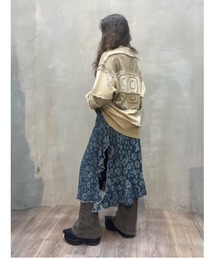 フラワーデニムフリンジフレアミディスカート