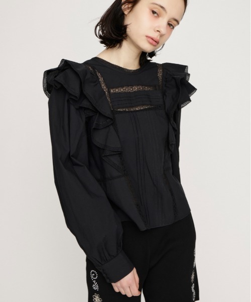 SLY（スライ）の「2WAY RIBBON FRILL LACE TOPS 2ウェイリボンフリルレーストップス 春服（シャツ/ブラウス・レディース・オフホワイト/ライトイエロー/ブラック・FREE）」の2枚目の写真