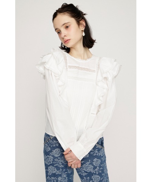 SLY（スライ）の「2WAY RIBBON FRILL LACE TOPS 2ウェイリボンフリルレーストップス 春服（シャツ/ブラウス・レディース・オフホワイト/ライトイエロー/ブラック・FREE）」の4枚目の写真