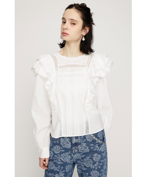 SLY（スライ）の「2WAY RIBBON FRILL LACE TOPS 2ウェイリボンフリルレーストップス 春服（シャツ/ブラウス・レディース・オフホワイト/ライトイエロー/ブラック・FREE）」の6枚目の写真