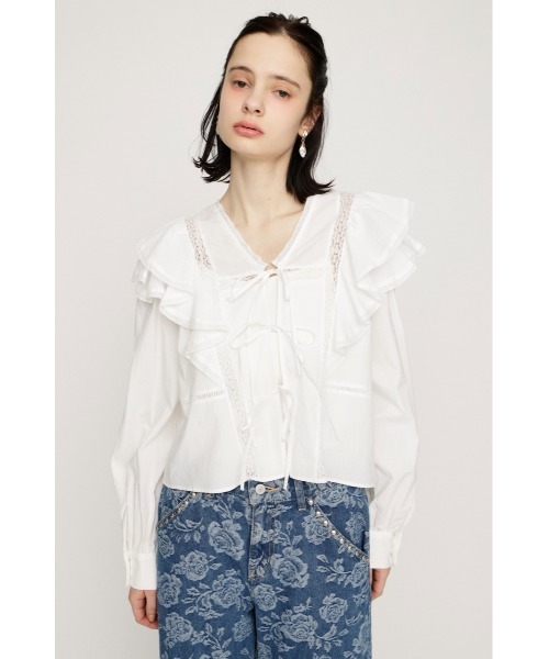 SLY（スライ）の「2WAY RIBBON FRILL LACE TOPS 2ウェイリボンフリルレーストップス 春服（シャツ/ブラウス・レディース・オフホワイト/ライトイエロー/ブラック・FREE）」の7枚目の写真