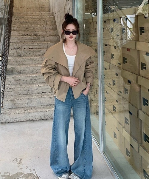 LAC-VERT（ラック・ヴェール）の「スタンドカラーショートトレンチジャケット（トレンチコート・レディース・ベージュ・LARGE/MEDIUM）」の13枚目の写真