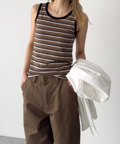 CANAL JEAN（キャナルジーン）の「El mar　レトロボーダーリブタンク（タンクトップ・レディース・チャコールグレー/レッド/キャメル・ONE SIZE）」の2枚目の写真