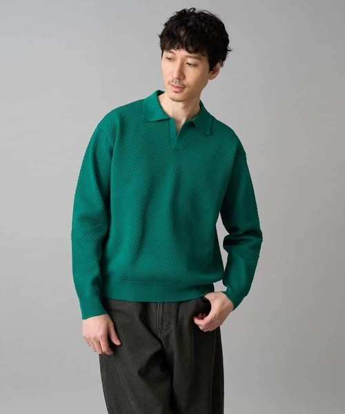 a.v.v(アーヴェヴェ)の「【洗濯機で洗える】ポップコーンスキッパーニットポロ(ニット/セーター・メンズ・ネイビー/グリーン・46/48)」の2枚目の写真