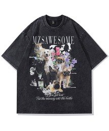 オーバーサイズ ピグメント加工 アニマルグラフィックロゴプリントTシャツ