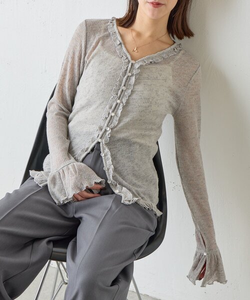 goocy（グーシー）の「シアーワッフルフリルカーディガン（カーディガン/ボレロ・レディース・ブラック/ホワイト/グレー・FREE）」の3枚目の写真