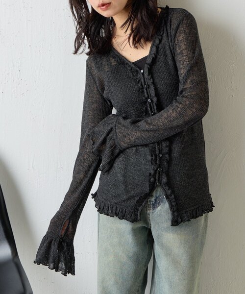 goocy（グーシー）の「シアーワッフルフリルカーディガン（カーディガン/ボレロ・レディース・ブラック/ホワイト/グレー・FREE）」の2枚目の写真