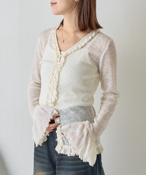 goocy（グーシー）の「シアーワッフルフリルカーディガン（カーディガン/ボレロ・レディース・ブラック/ホワイト/グレー・FREE）」の4枚目の写真