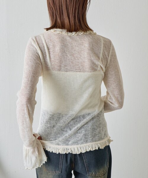 goocy（グーシー）の「シアーワッフルフリルカーディガン（カーディガン/ボレロ・レディース・ブラック/ホワイト/グレー・FREE）」の5枚目の写真