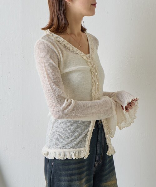 goocy（グーシー）の「シアーワッフルフリルカーディガン（カーディガン/ボレロ・レディース・ブラック/ホワイト/グレー・FREE）」の7枚目の写真