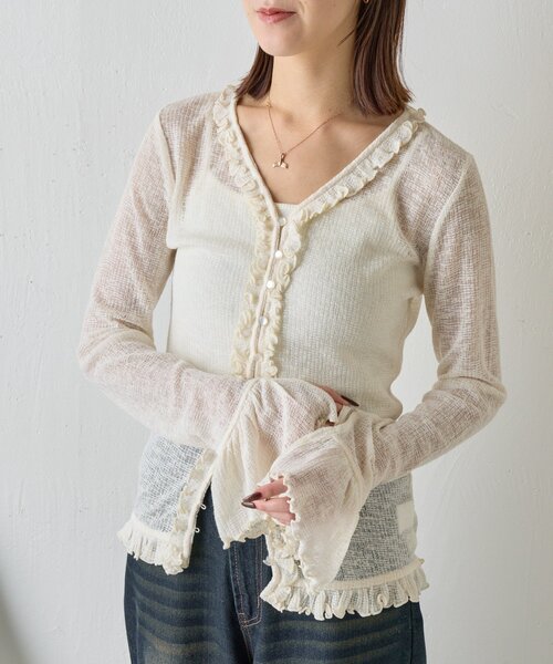 goocy（グーシー）の「シアーワッフルフリルカーディガン（カーディガン/ボレロ・レディース・ブラック/ホワイト/グレー・FREE）」の10枚目の写真